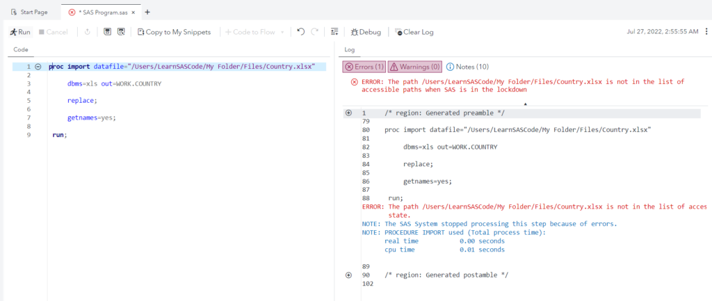 Proc import in SAS Studio