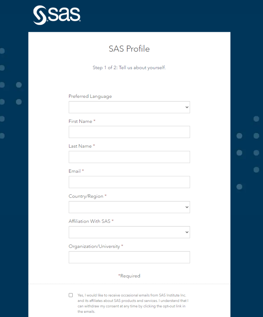 SAS Create profile form