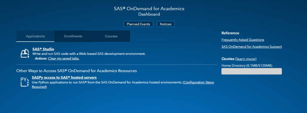 SAS OnDemand for Academics dashboard