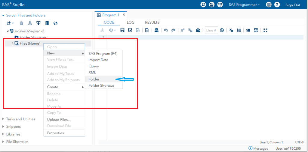 SAS Studio - Navigation pane Folder structure