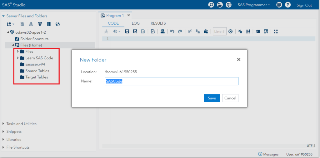 SAS Studio Overview - Create a new Folder