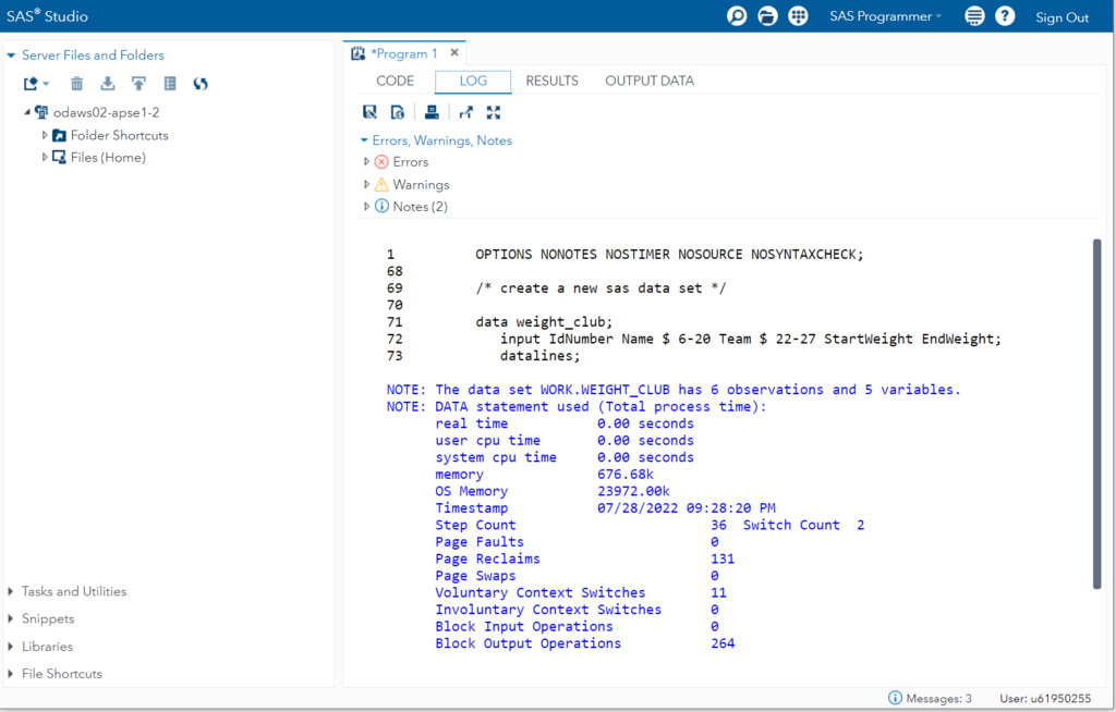 SAS Studio Overview - Work area SAS Logs