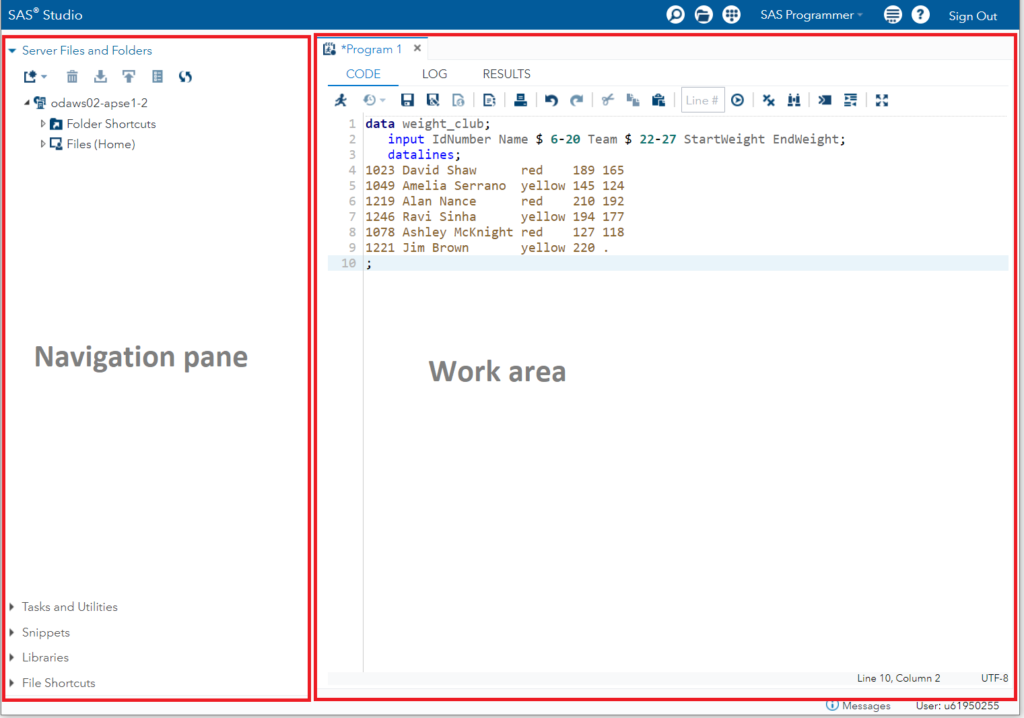 SAS studio user interface