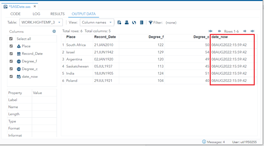 Populate current datetime in SAS data set