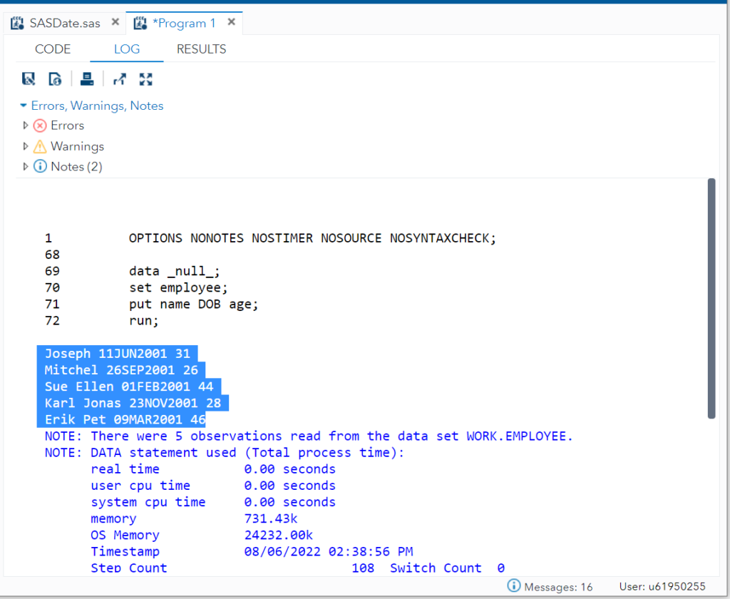 Print SAS data values in SAS - List output