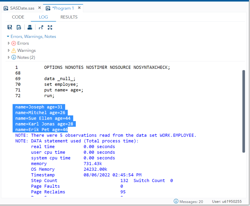 Print SAS data values in SAS - Named output