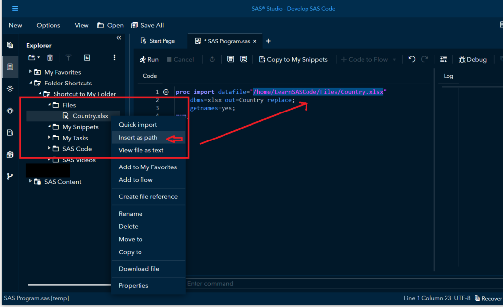 SAS Studio tricks - file Insert as a path