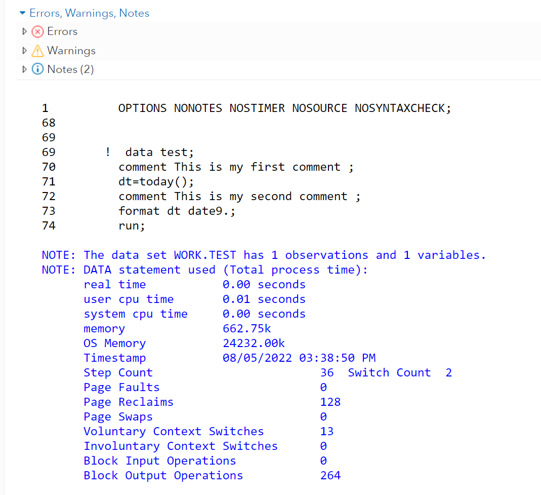 SAS comment keyword log