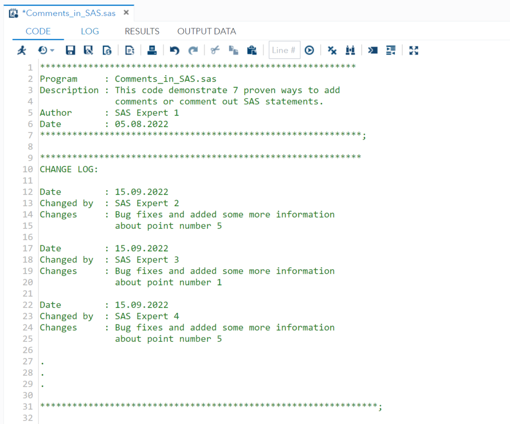 comments in SAS code change log template