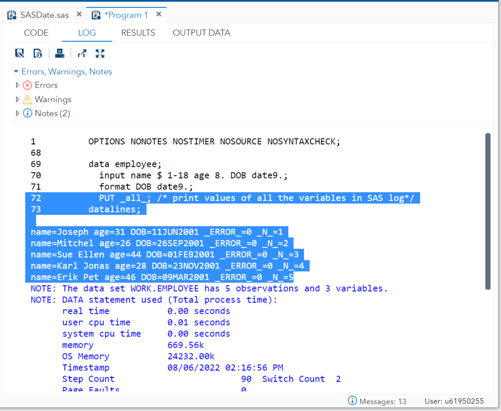 print SAS variable data values in SAS LOG