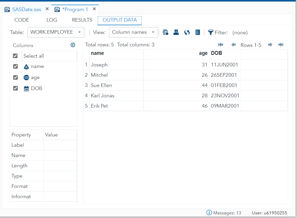 print SAS variable data values in SAS dataset