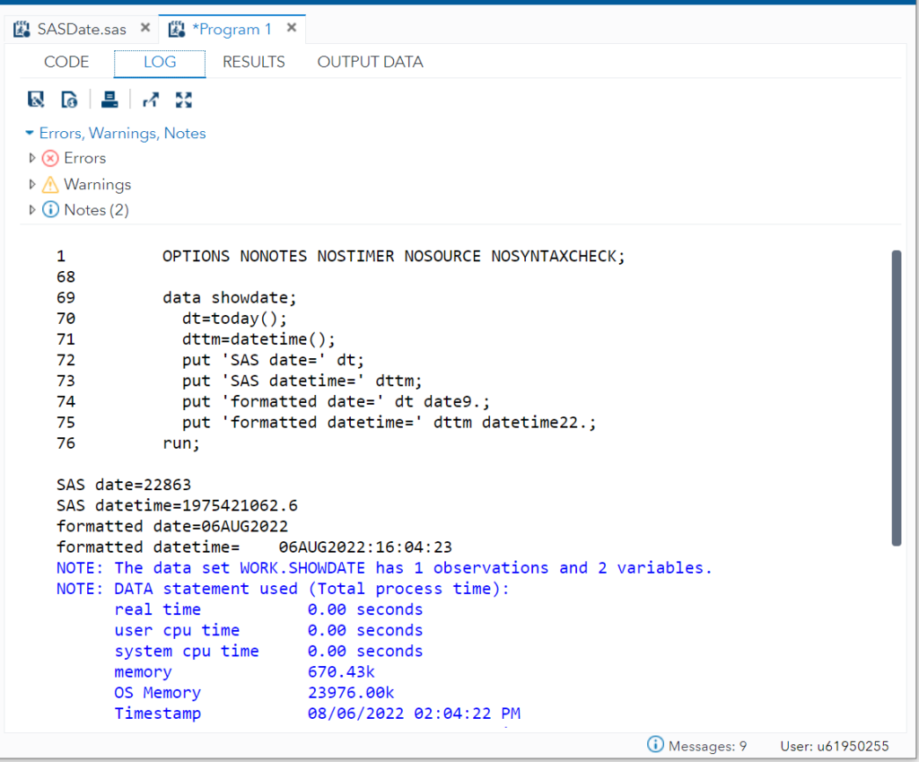 print showdate dataset values in SAS LOG