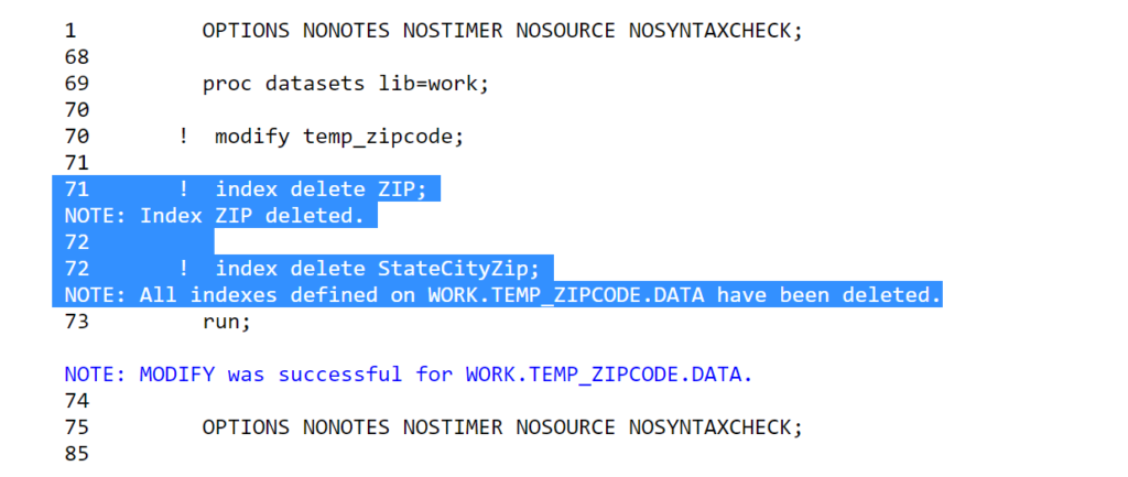 delete index on sas dataset using proc datasets