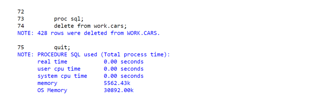 proc sql - delete all the rows from sas data set