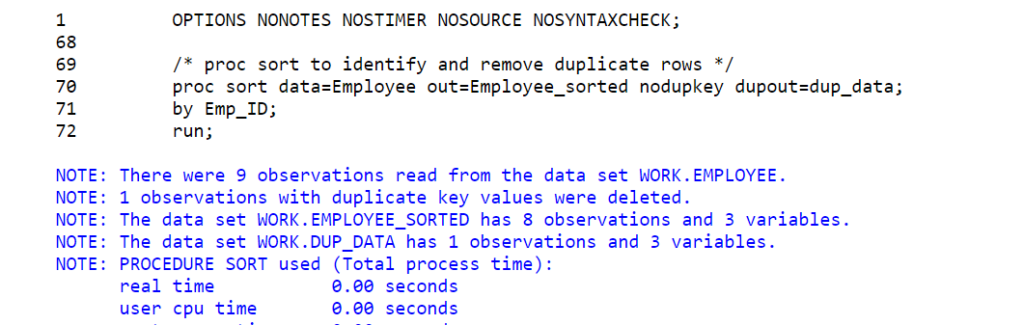 proc sort nodupkey code log