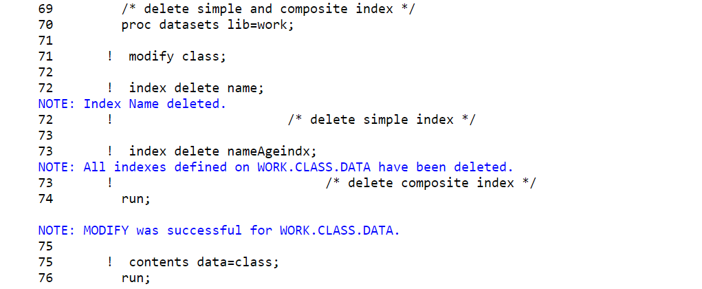 Delete simple and composite Index on sas datasets