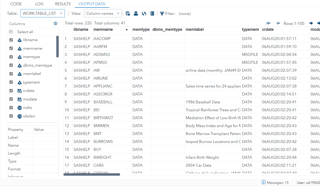 Print all the datasets using dictionary.tables in SAS