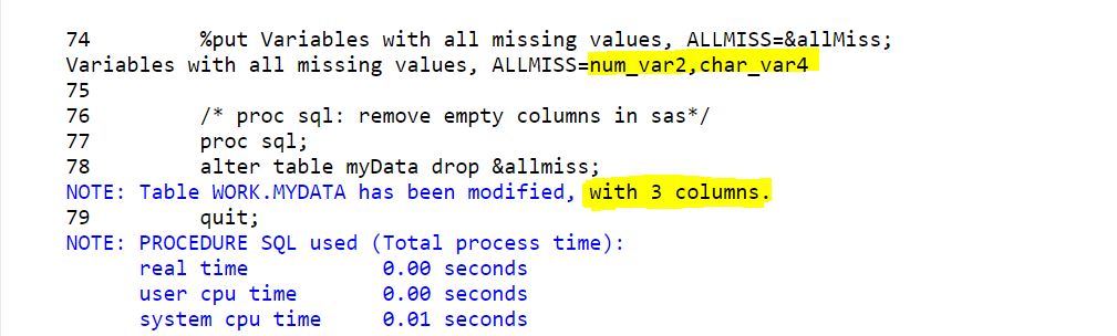 SAS remove empty columns using proc sql