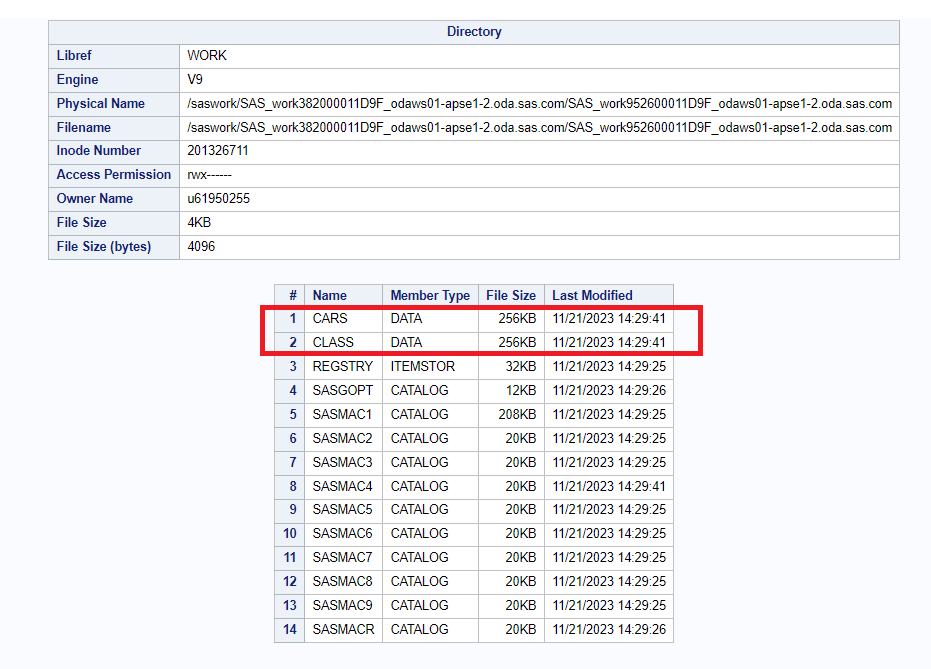 proc datasets in sas to print library details