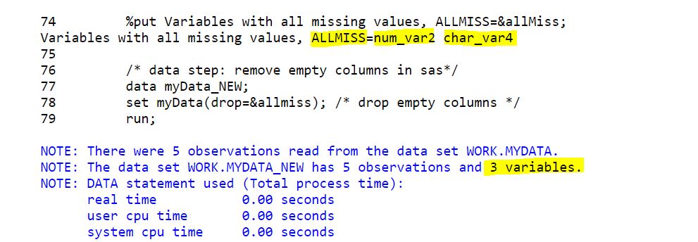 remove empty columns using data step