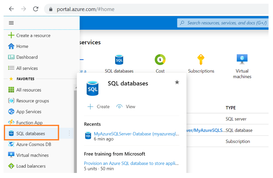 Azure Portal and click on SQL Database