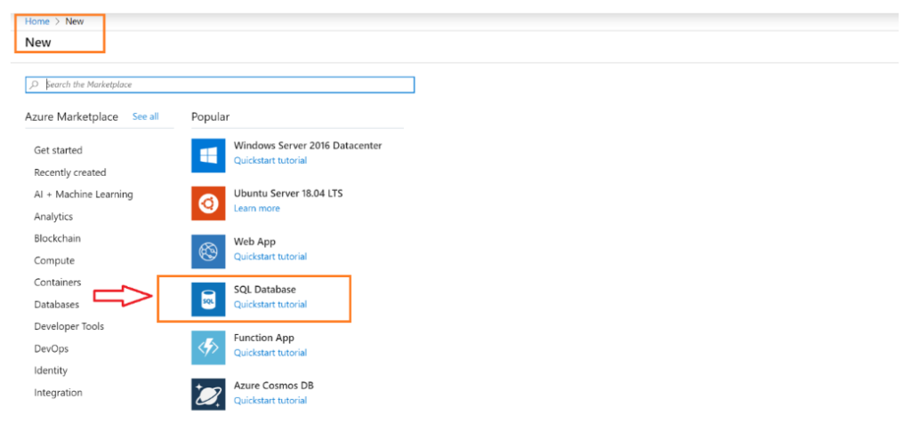 Create SQL DB - Select Server on MS Azure