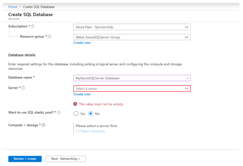 Create SQL database in Microsoft Azure step 2.2