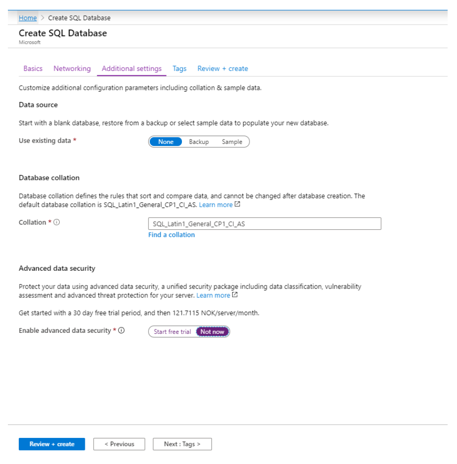 Create SQL database in Microsoft Azure step 2.4