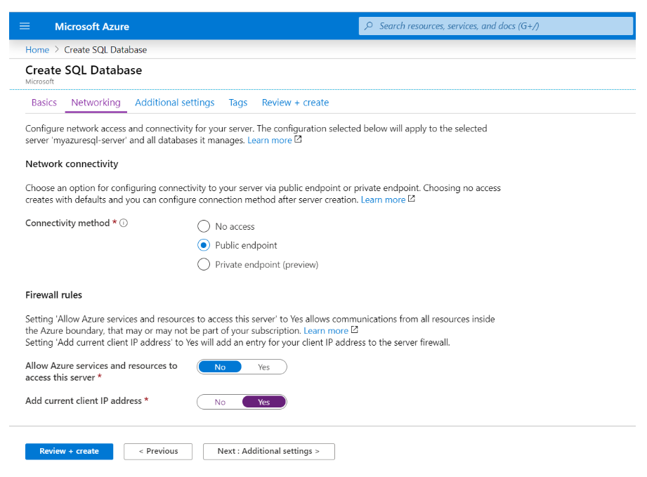 Create a new SQL database in Microsoft Azure connectivity