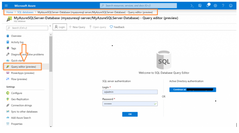 Microsoft Azure SQL Database Query Editor