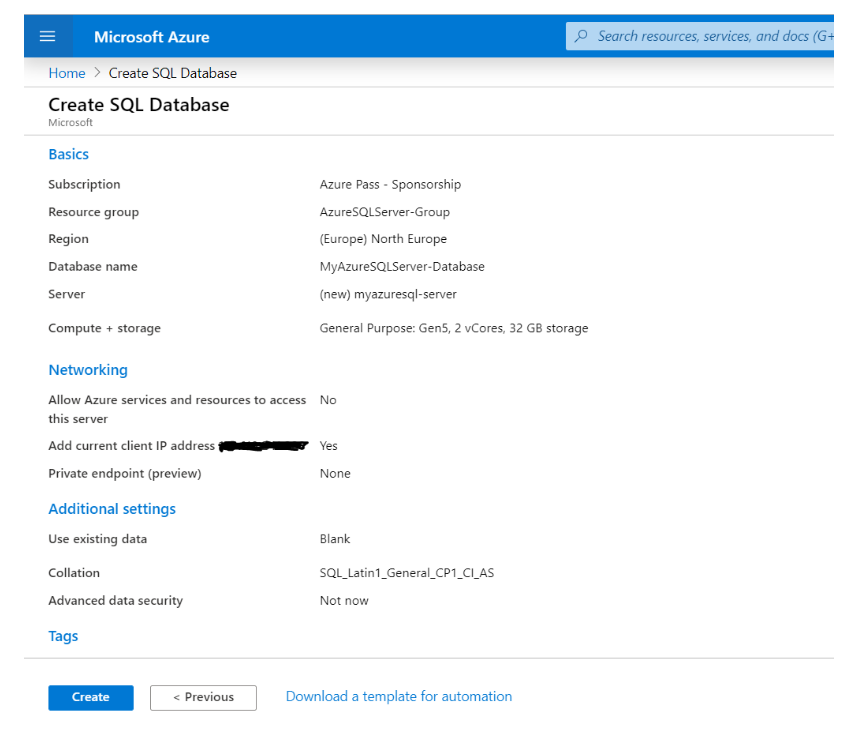 Microsoft Azure SQL database creation