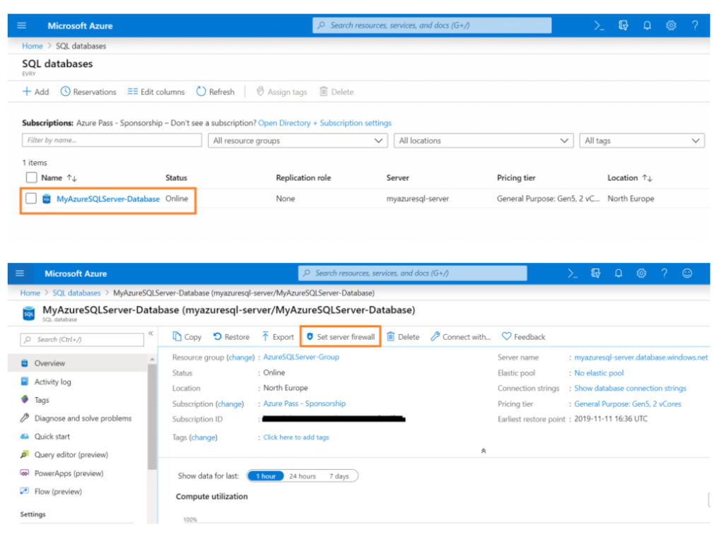 MyAzureSQLServer-Database and Server Firewall